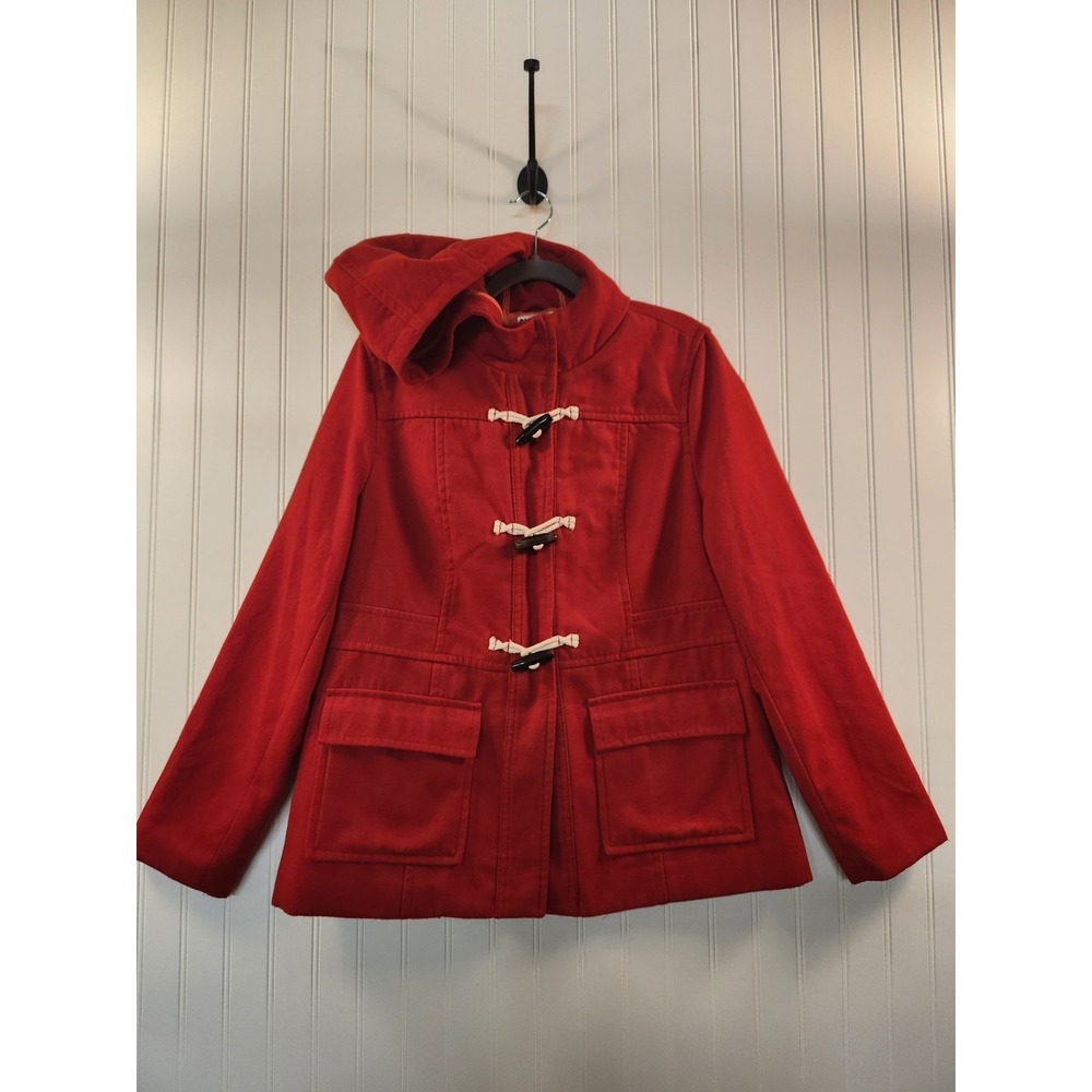 Old Navy Women Vibrant Red Fleece Toggle Cord‎ Button w/ Hood Coat Size L Preppy